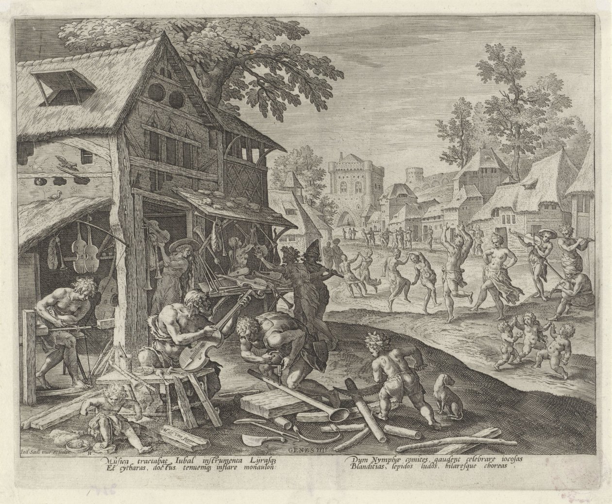 Jubal und seine Familie stellen Musikinstrumente her
Geschichte der Familie von Kain / Über gute und schlechte Arbeiten (Serientitel) von Johann Sadeler (I)