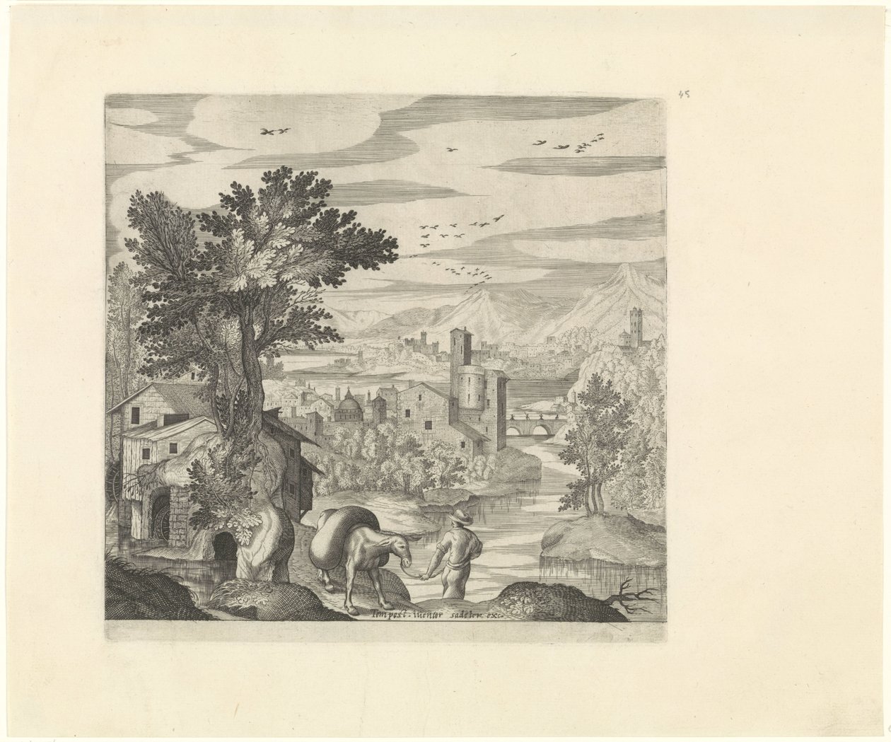 Landschaft mit einem Bauern und seinem Esel von Johann Sadeler (I)