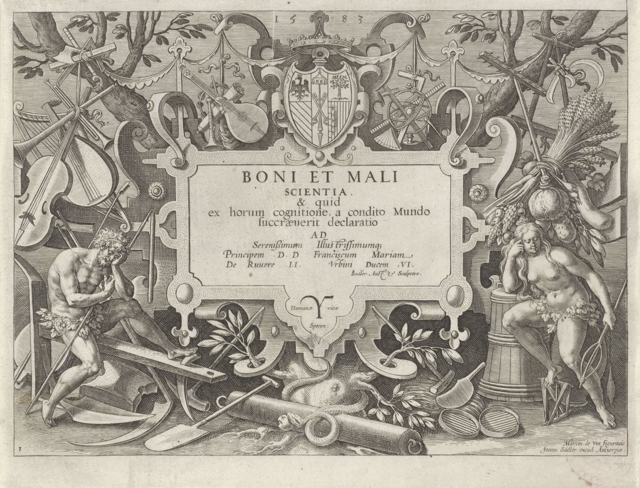 Ornamentaler Rahmen mit Adam und Eva (Geschichte der Familie Kains / Über gute und schlechte Werke) (Boni et mali scientia) von Johann Sadeler (I)