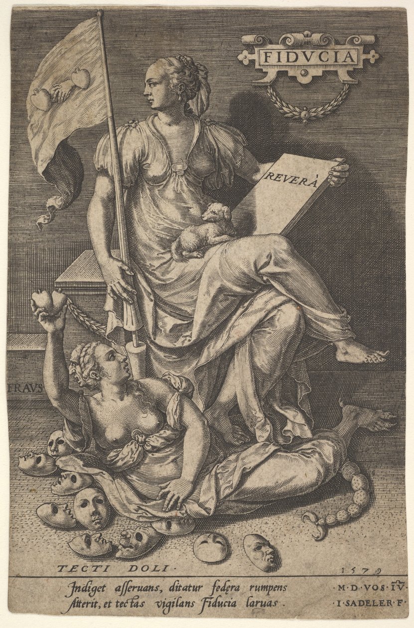 Fiducia, eine sitzende Frau hält ein Buch und ein Banner, während sie ihren Kopf von einem nackten Mann abwendet von Johann Sadeler I