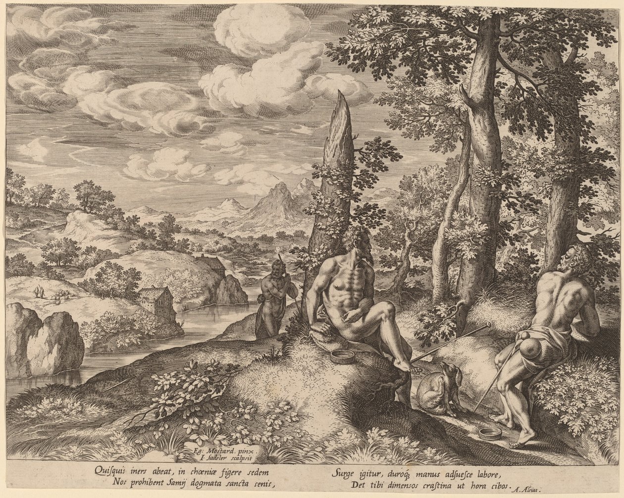 Landschaft mit drei nackten Männern und einem Hund von Johann Sadeler I