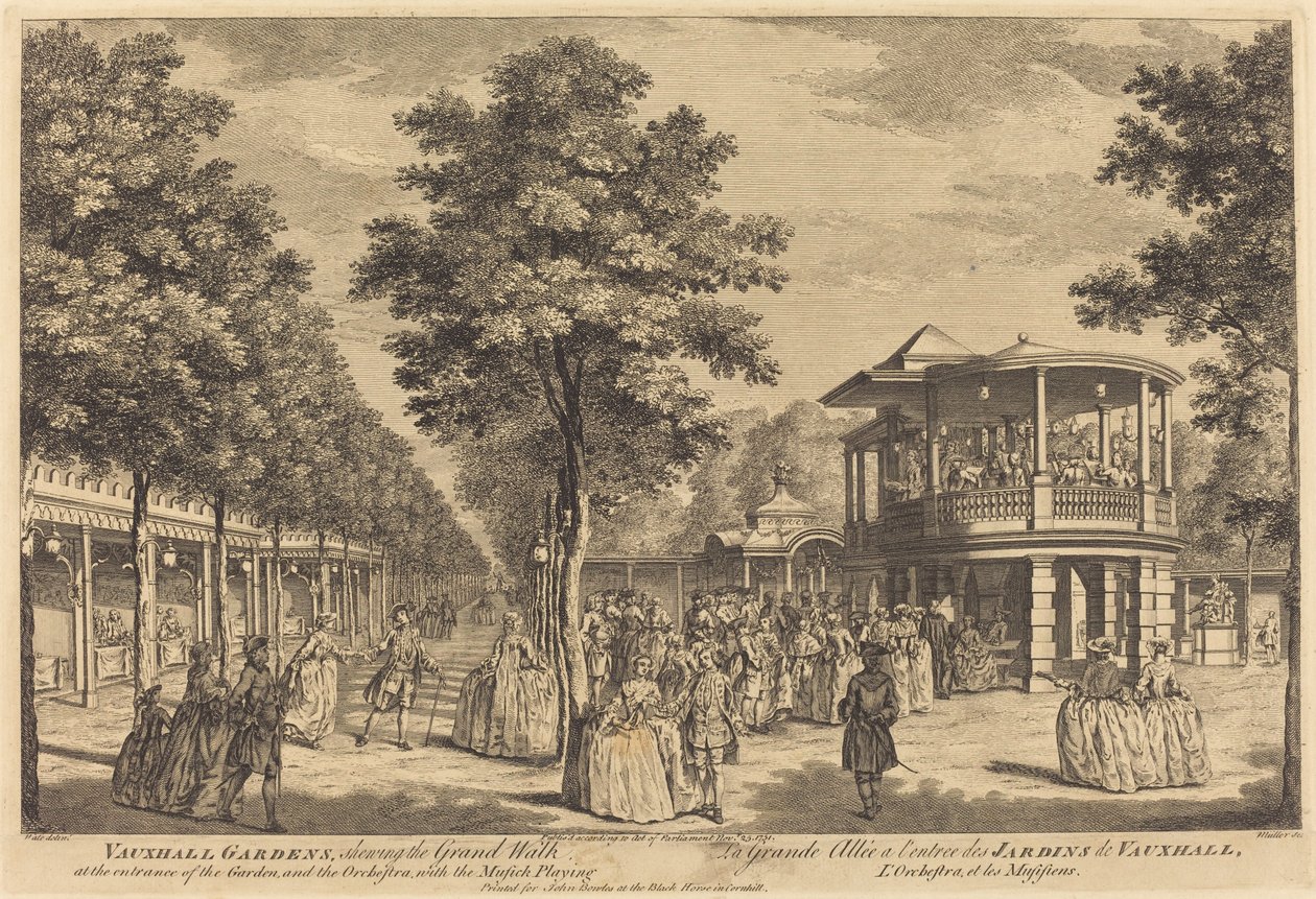 Vauxhall Gardens zeigt den großen Spaziergang am Eingang des Gartens und das Orchester mit Musik von Johann Sebastian Müller after Samuel Wale