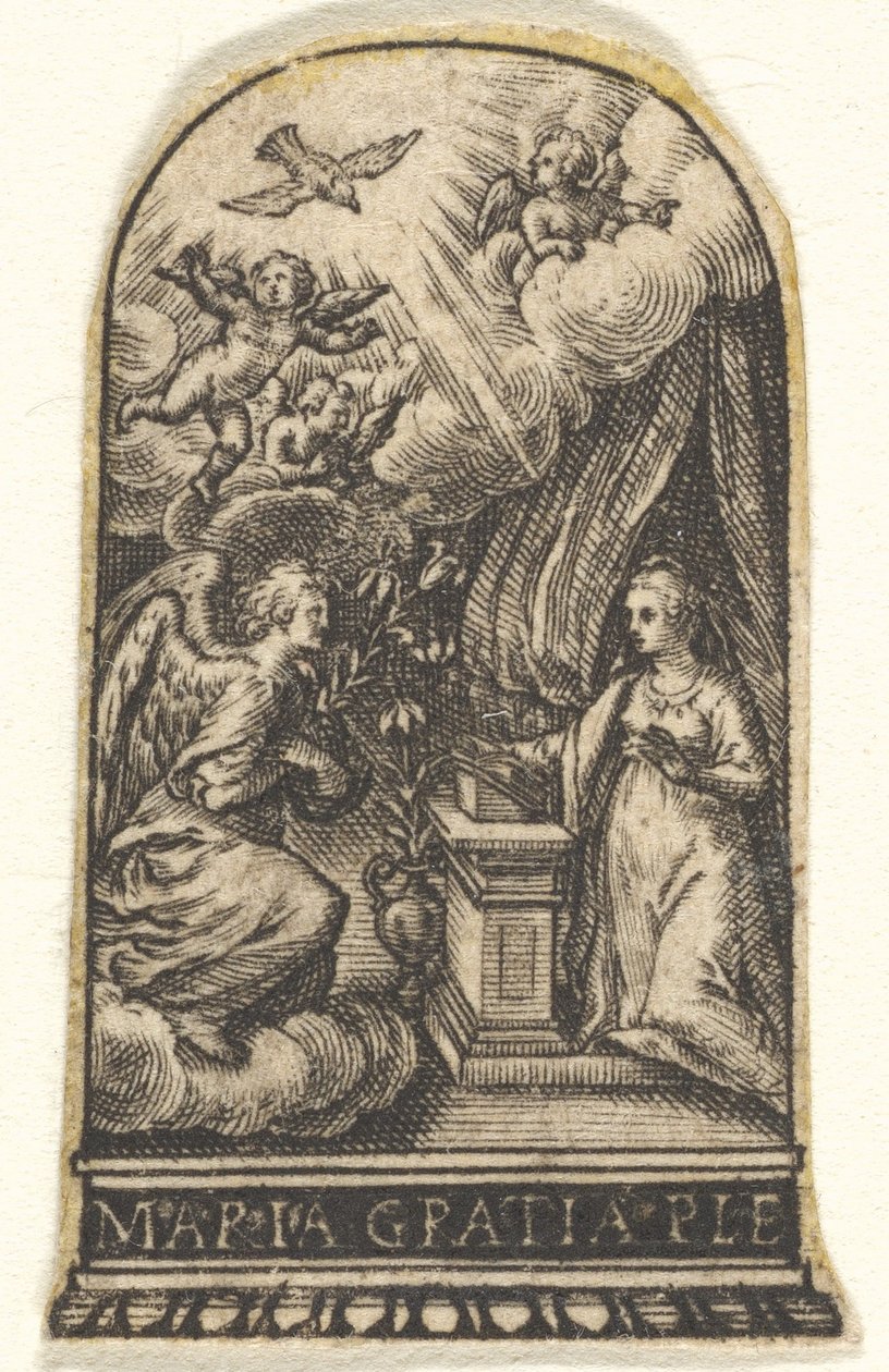 Verkündigung, Maria kniet an einem Lesepult, während Gabriel auf einer Wolke nähert, ca. 1580-1600 von Johann Theodor de Bry