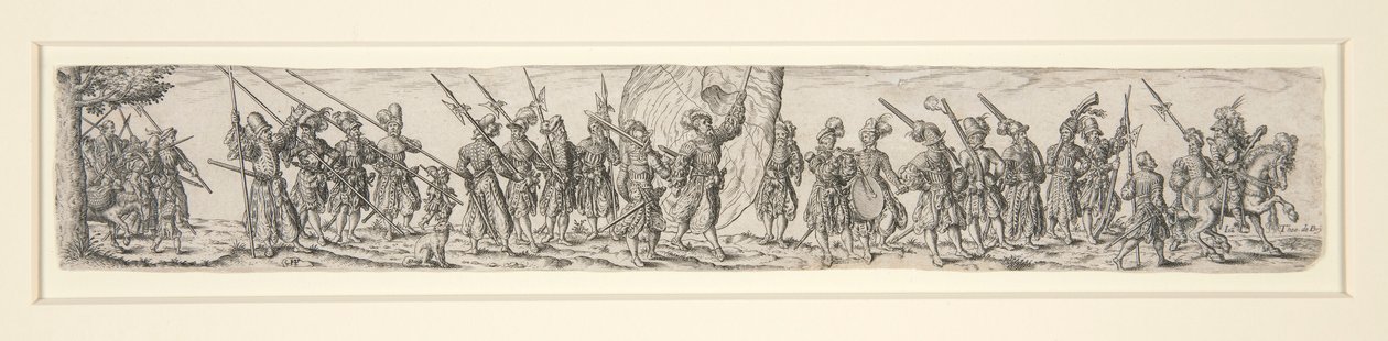 Marschierende Soldaten mit einem Fahnenträger von Johann Theodor de Bry