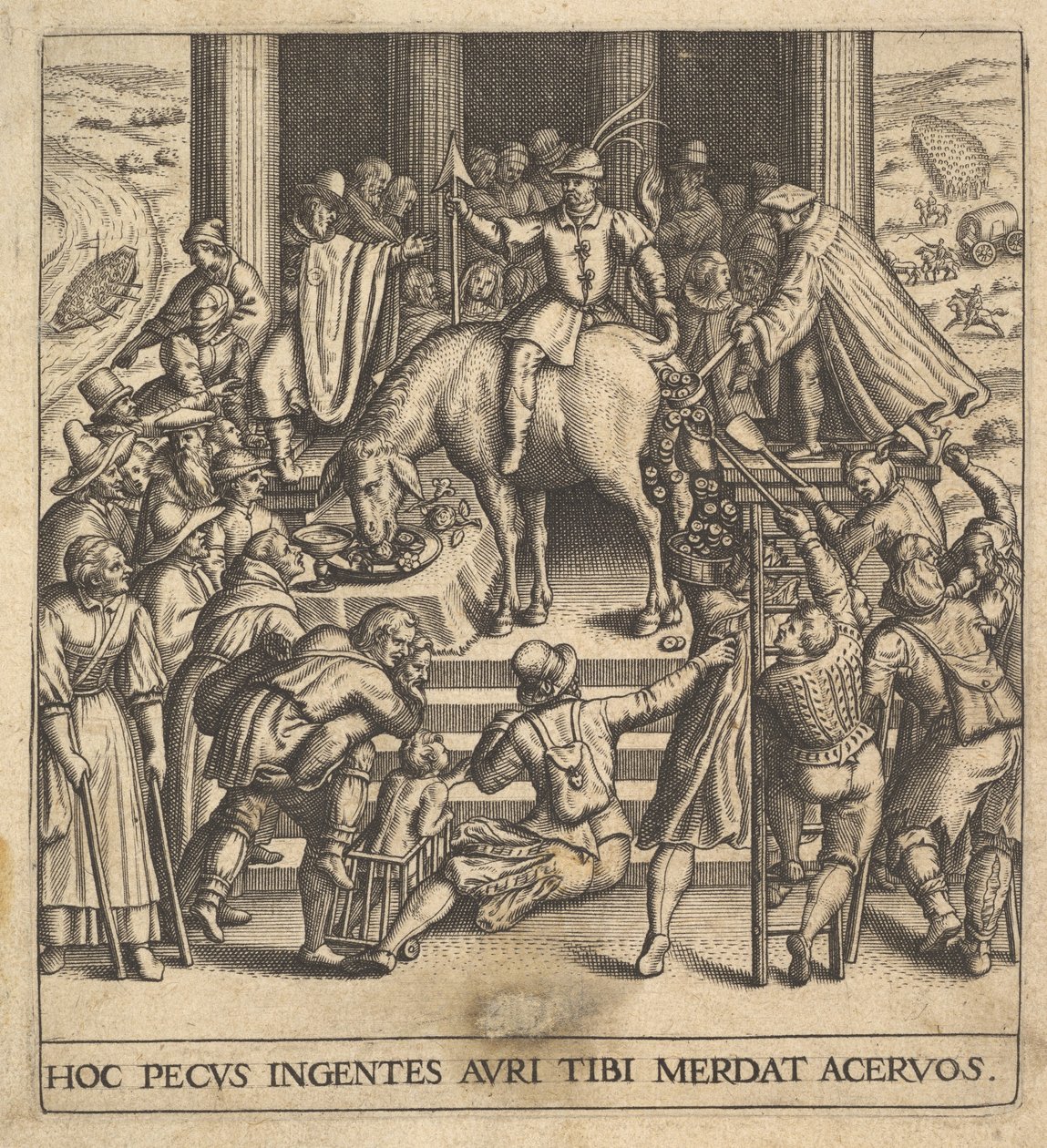 Männer sammeln Dung, der aus den Hinterteilen eines Maultiers fällt, mit einem Reiter von Johann Theodor de Bry