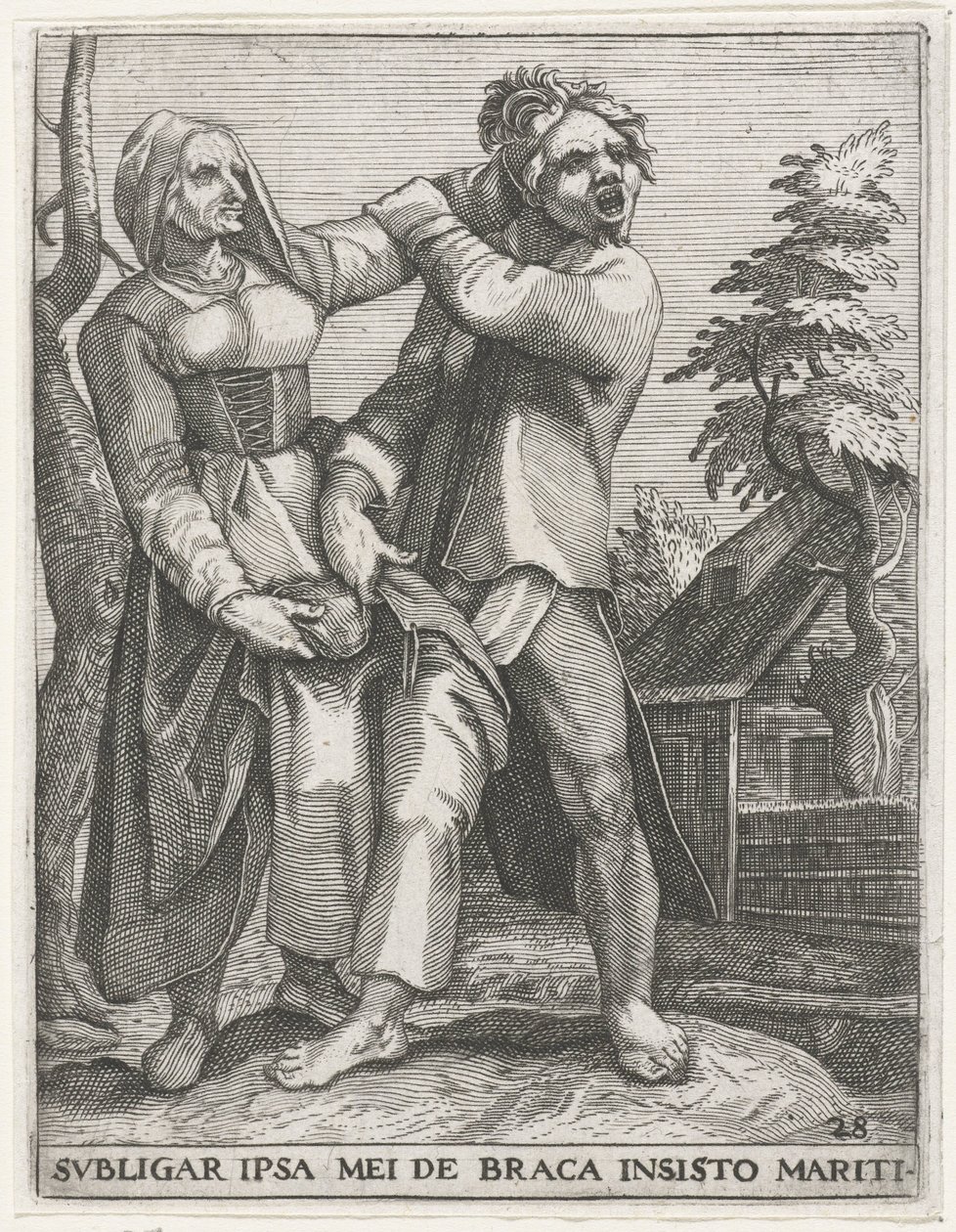 Kampf um die Hose (Emblemata Saecularia, 1596) von Johann Theodor de Bry