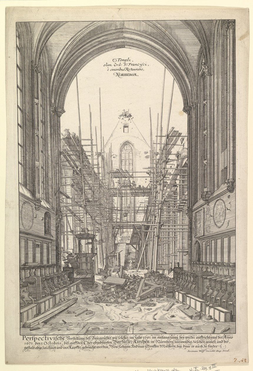 Ansicht der Franziskanerkirche in Nürnberg im Wiederaufbau, aus der Serie V....n.d. von Johann Ulrich Kraus
