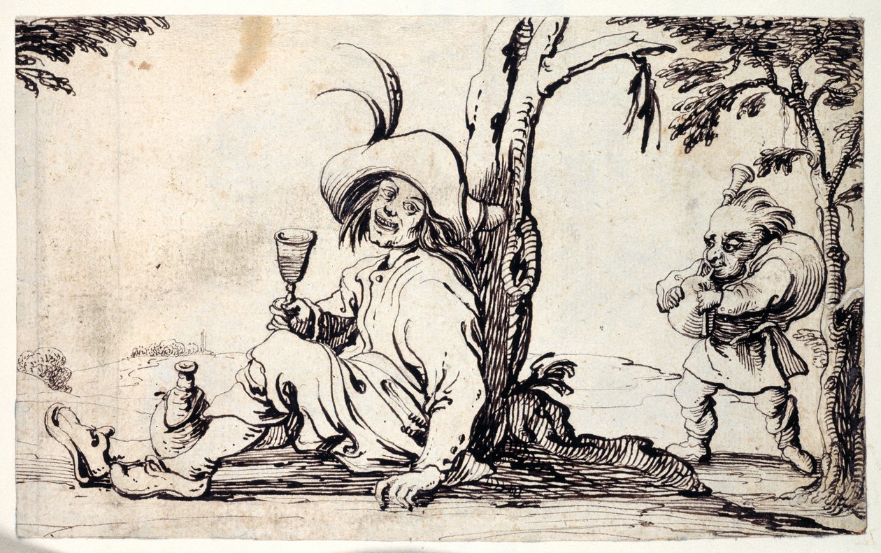 Landmann sitzt und erfrischt sich und ein Zwerg mit Dudelsack von Johann Wilhelm Baur