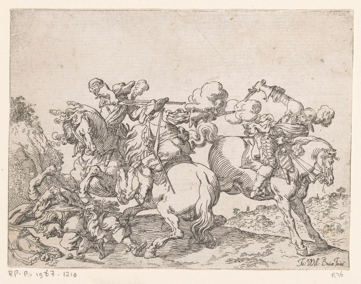 Zwei Musketiere zu Pferd beschießen einen Reiter (Kampfszenen) von Johann Wilhelm Baur