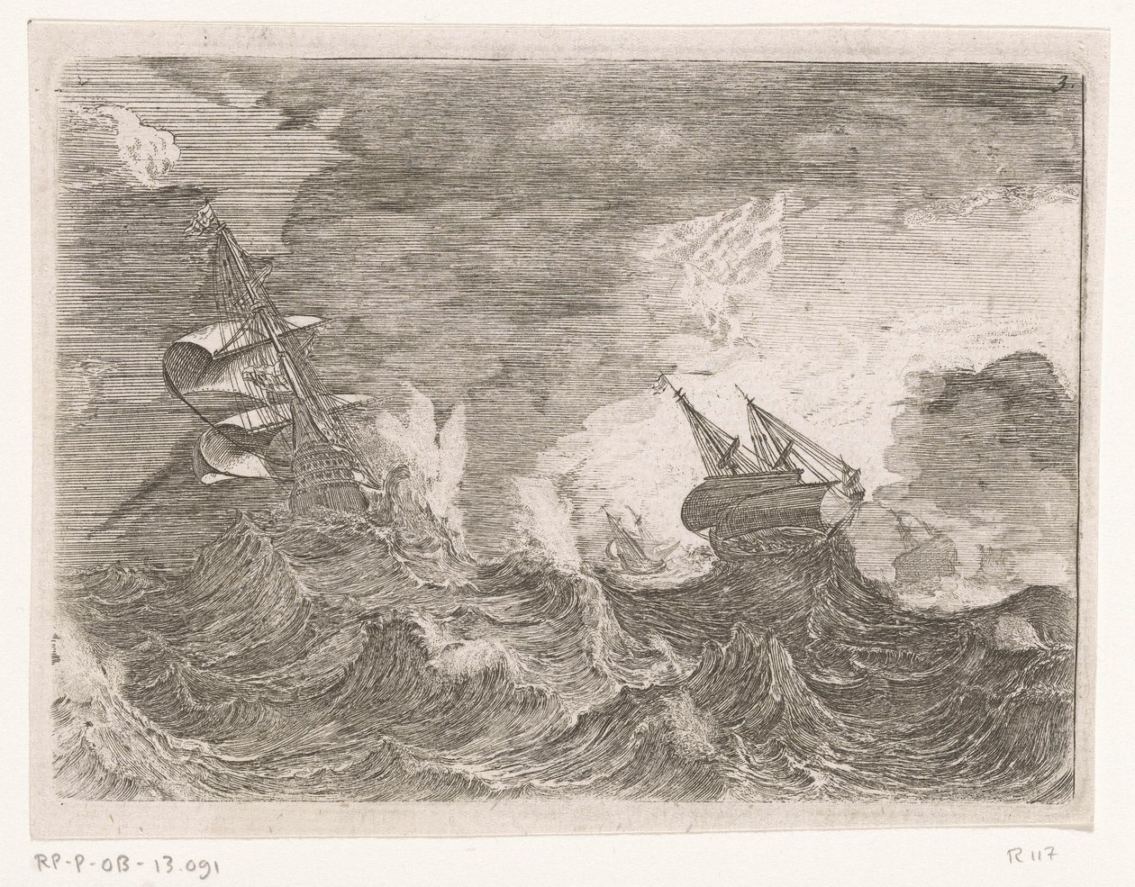 Fünf Segelschiffe auf See während eines Sturms von Johann Wilhelm Baur