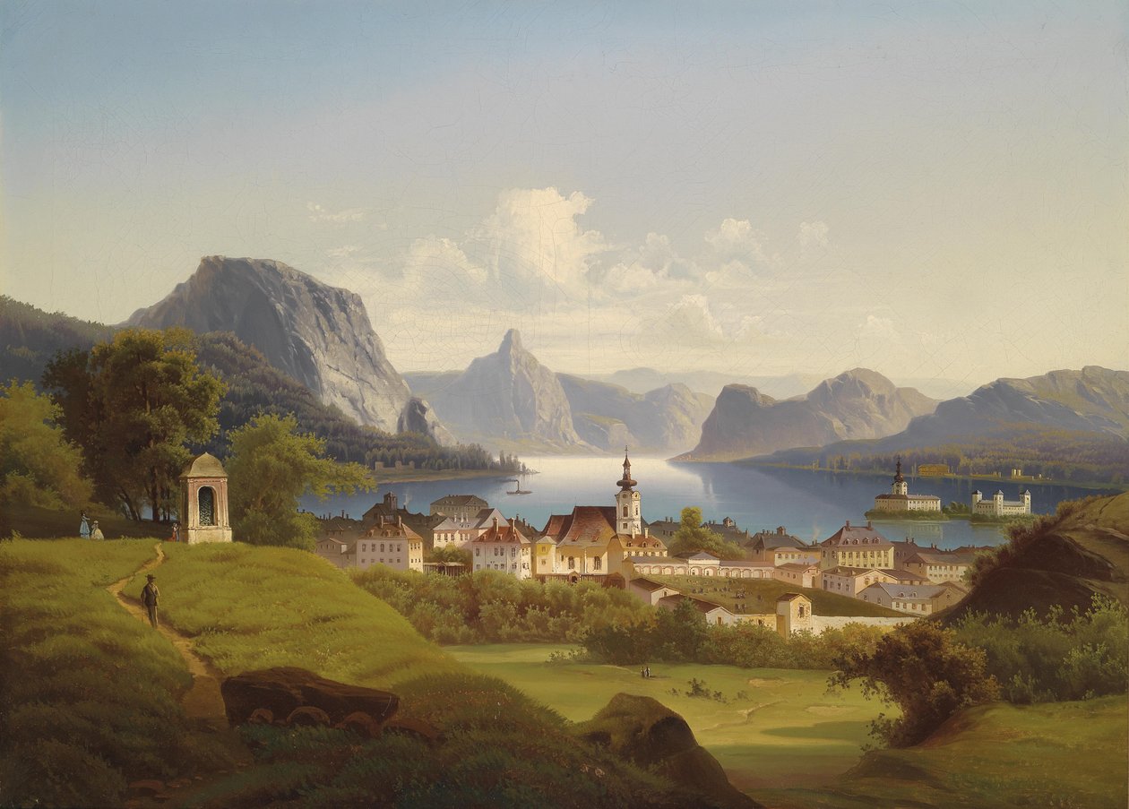 Ansicht von Gmunden mit Schloss Ort im Hintergrund, 1870 von Johann Wilhelm Jankowski
