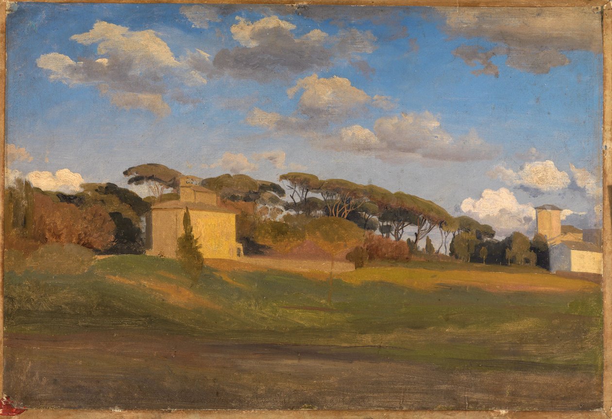 Die "Casina di Raffaello" und ein Aussichtsturm im Park der Villa Borghese von Johann Wilhelm Schirmer