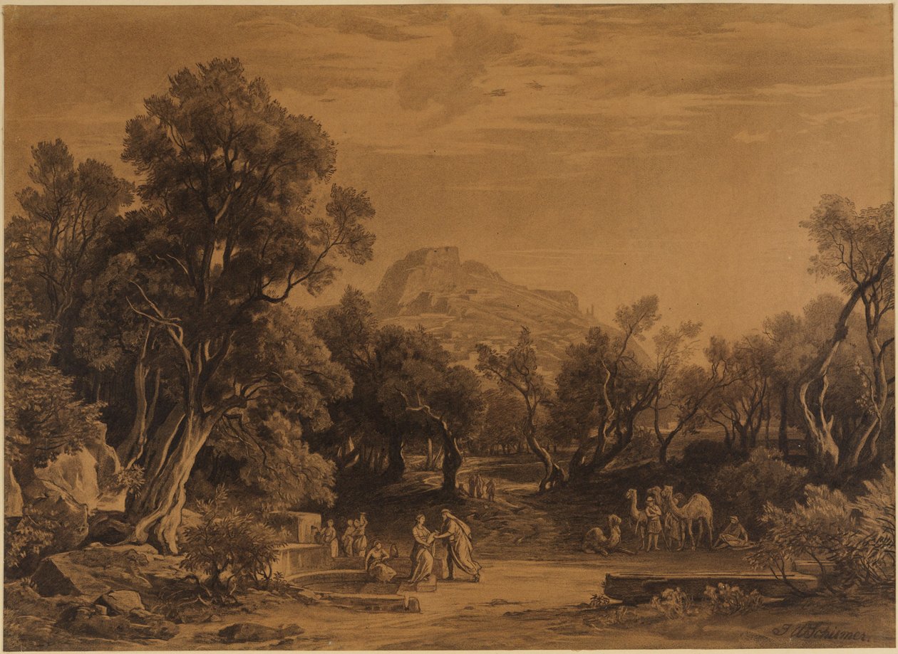 Elieser und Rebekka am Brunnen (1. Mose 24, 17-18) von Johann Wilhelm Schirmer