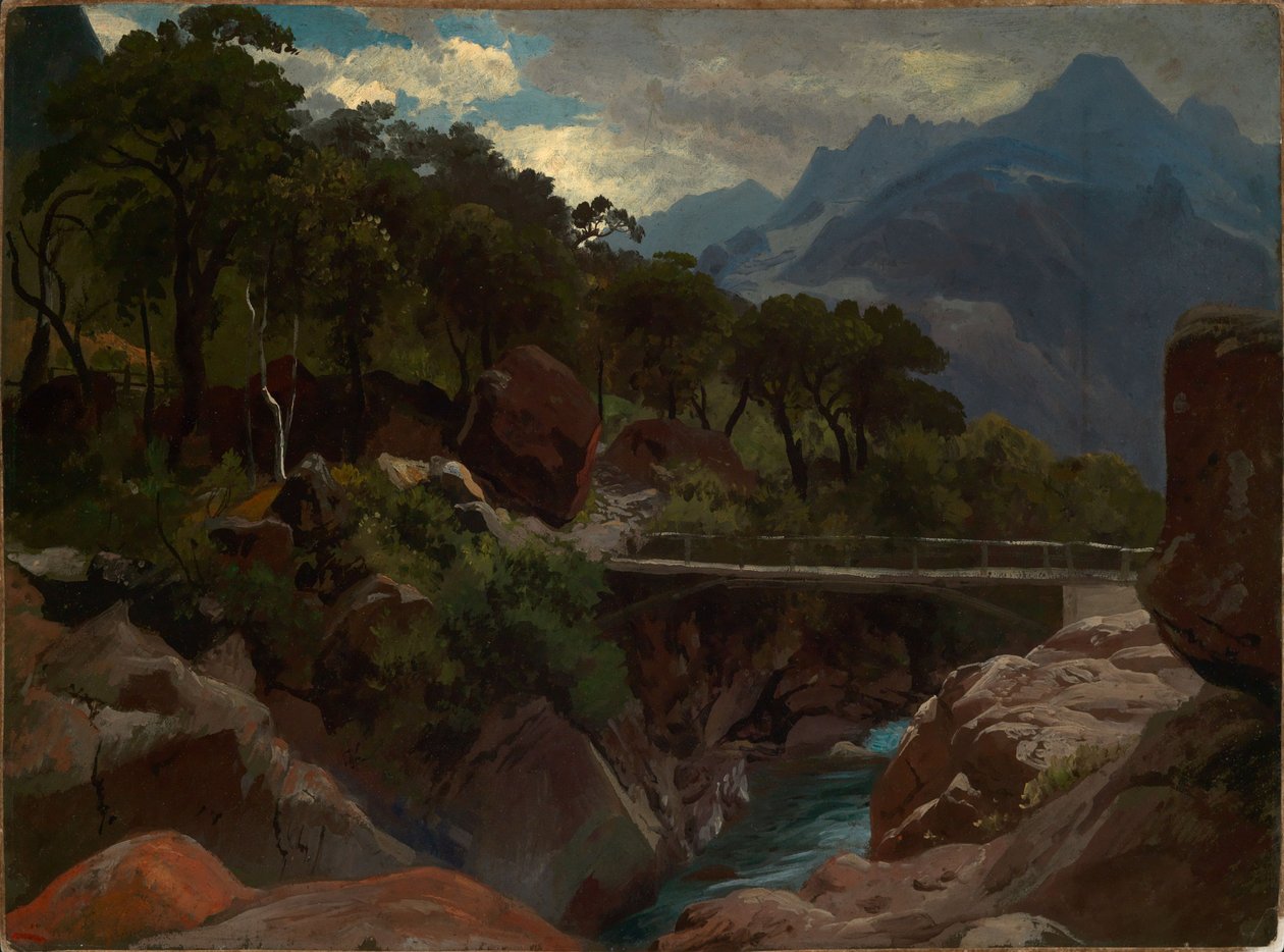 Schweizer Gebirgsfluss mit Steg von Johann Wilhelm Schirmer