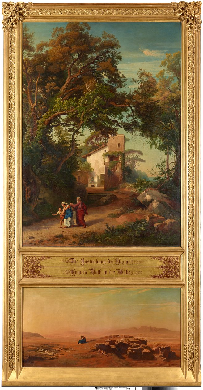 Vertreibung der Hagar (oben). Hagar in der Wüste (unten). Aus dem Zyklus "Zwölf biblische Landschaften mit der Geschichte Abrahams" von Johann Wilhelm Schirmer
