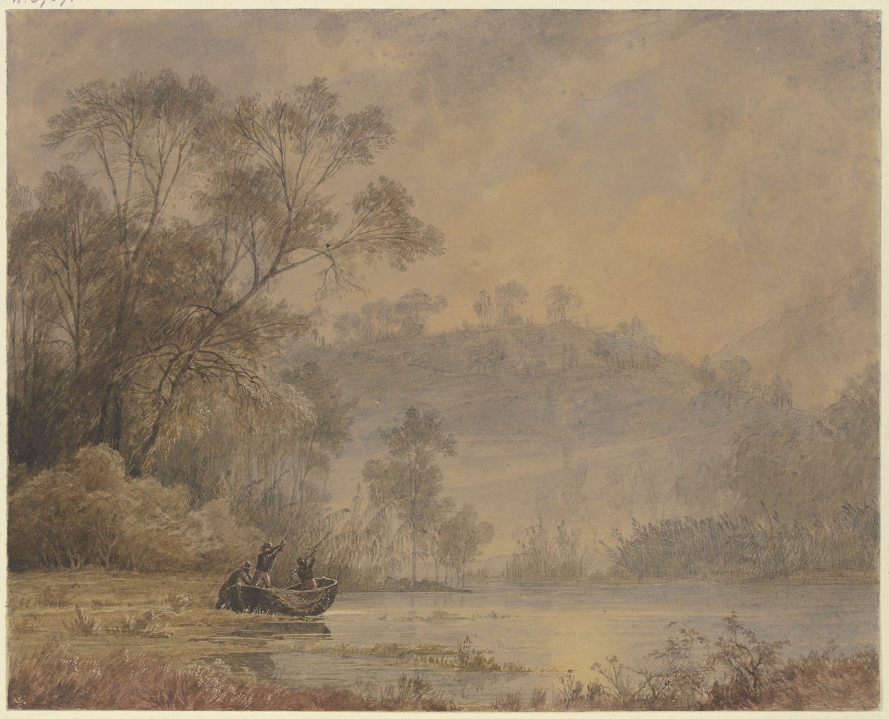 Waldsee, von dessen Ufer ein Kahn mit drei Männern ablegt von Johann Wilhelm Schirmer