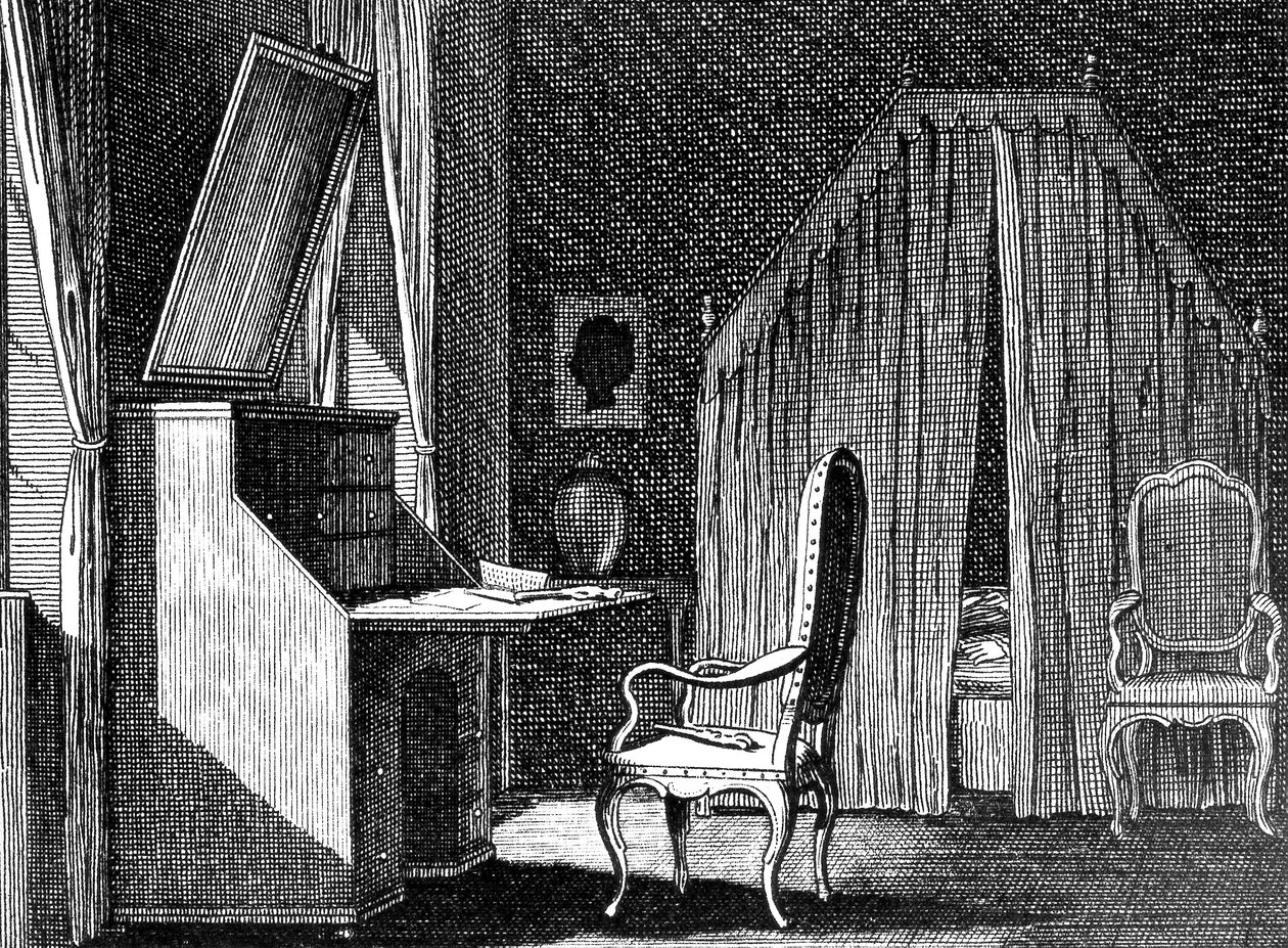Werthers Zimmer, Illustration von Daniel Chodowiecki, Kupferstich inspiriert von Die Leiden des jungen Werther von Johann Wolfgang von Goethe von Johann Wolfgang von Goethe