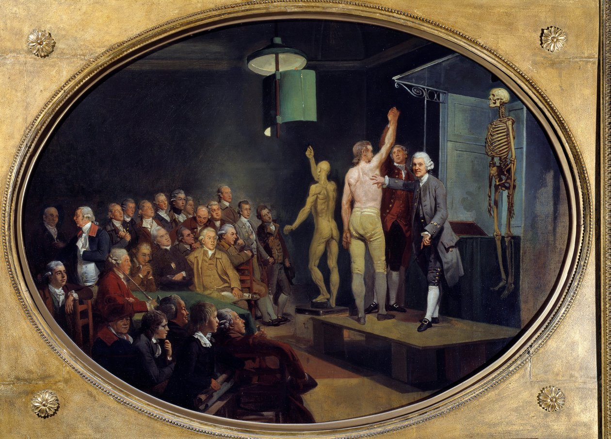 Vorlesung von William Hunter (1718-1783), schottischer Anatom, an der Royal Academy. von Johann Zoffany