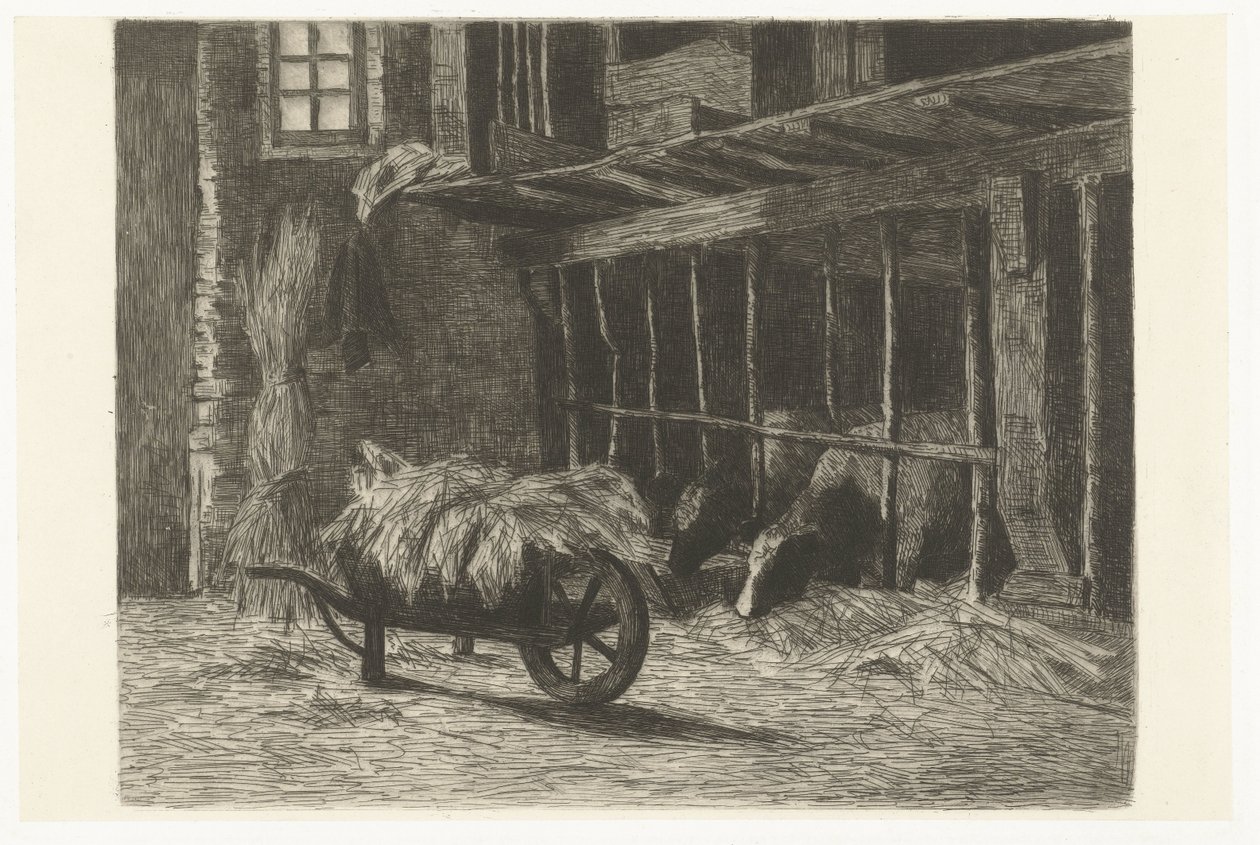 Innenraum eines Stalls mit Kühen und Heuwagen von Johanna Henriëtte Besier