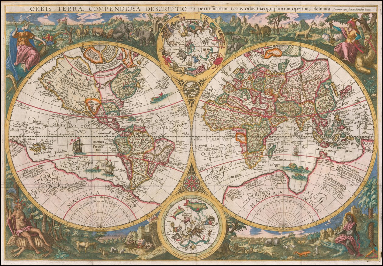 1596 Weltkarte - Orbis Terrae Compendiosa Descriptio Ex peristissimorum totius orbis Geographorum operibus desumpta von Johannes Baptista Vrints