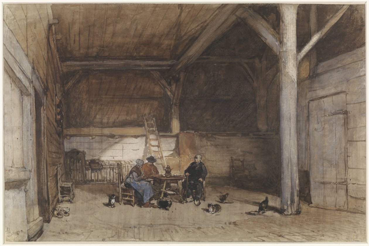 Bauerninterieur mit zwei Männern und einer Frau an einem Tisch, dazu einige Hühner und Katzen von Johannes Bosboom