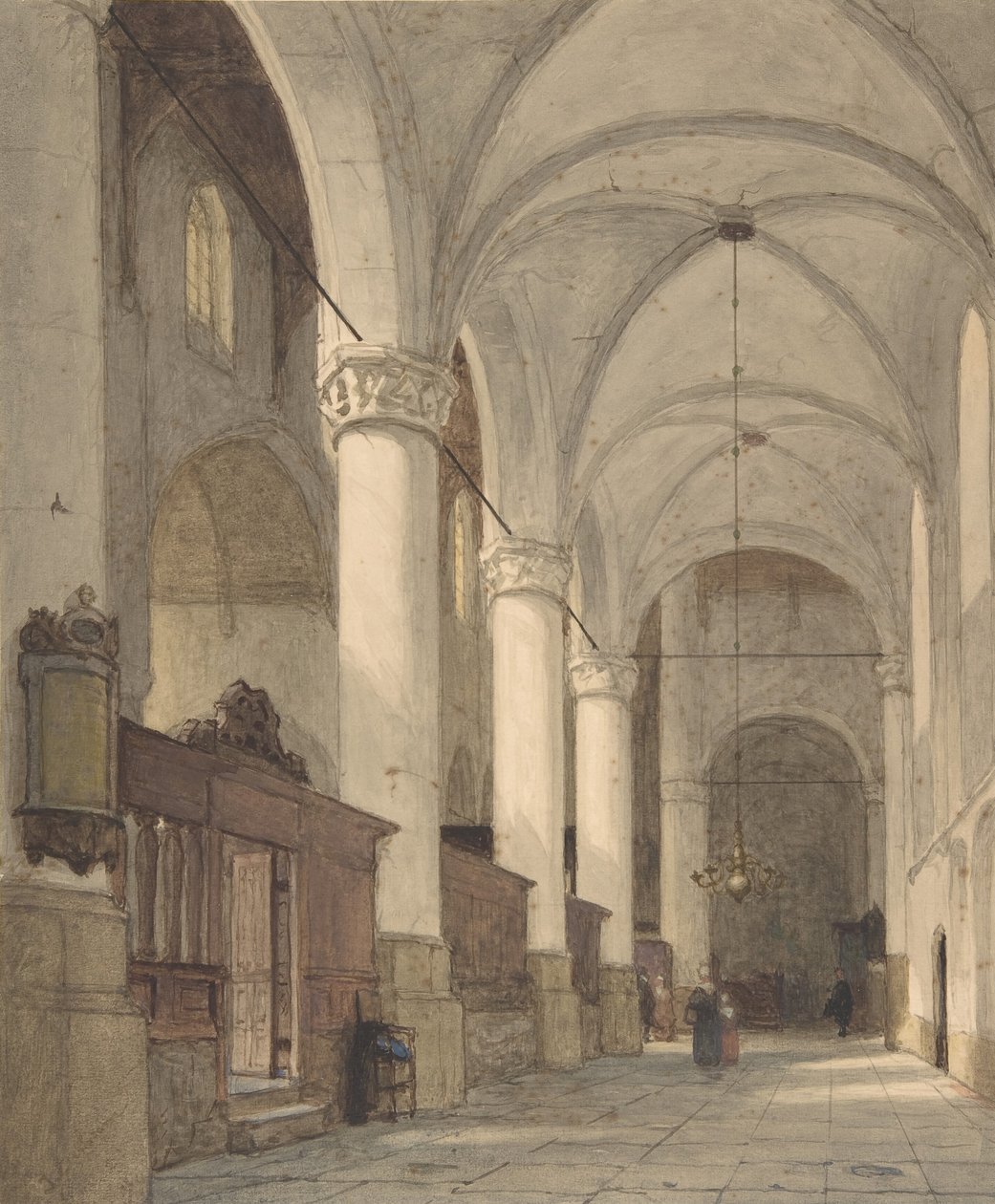 Gewölbtes Seitenschiff einer Kirche mit Figuren, 19. Jahrhundert von Johannes Bosboom