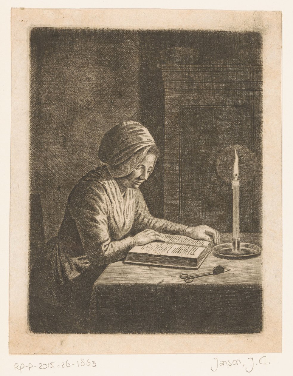 Dunkler Raum mit lesender Frau von Johannes Christiaan Janson