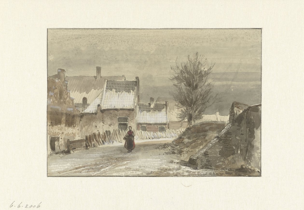 Winteransicht mit Frau auf dem Eis stehend von Johannes Franciscus Hoppenbrouwers