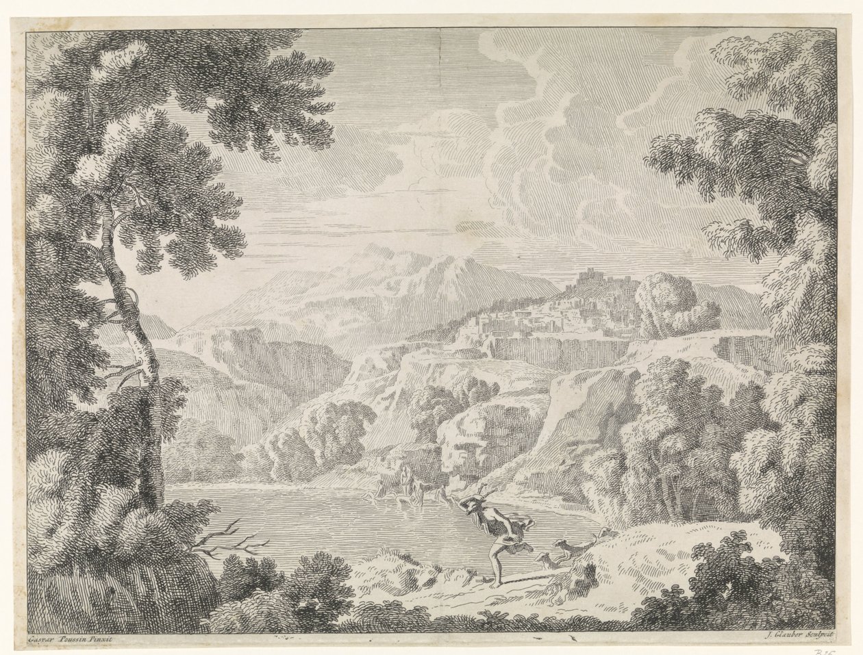 Actaeon wird von der badenden Diana in einen Hirsch verwandelt (Landschaften nach Gaspar Poussin) von Johannes Glauber