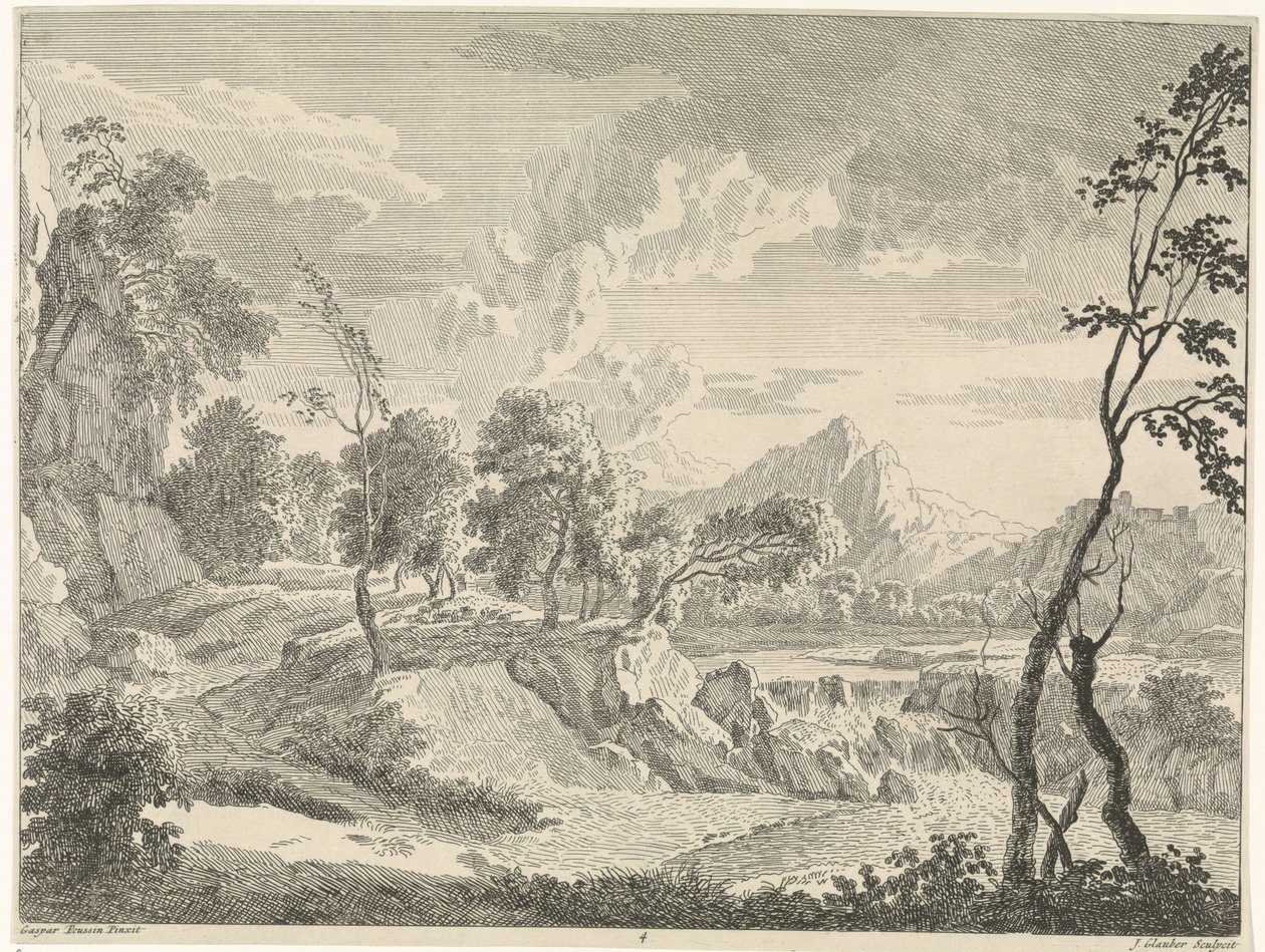 Hügelige Landschaft mit Wasserfall von Johannes Glauber