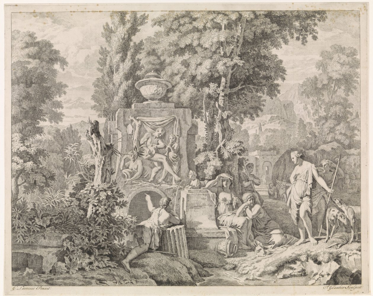 Landschaft mit einem Brunnen und Diana und ihren Nymphen von Johannes Glauber