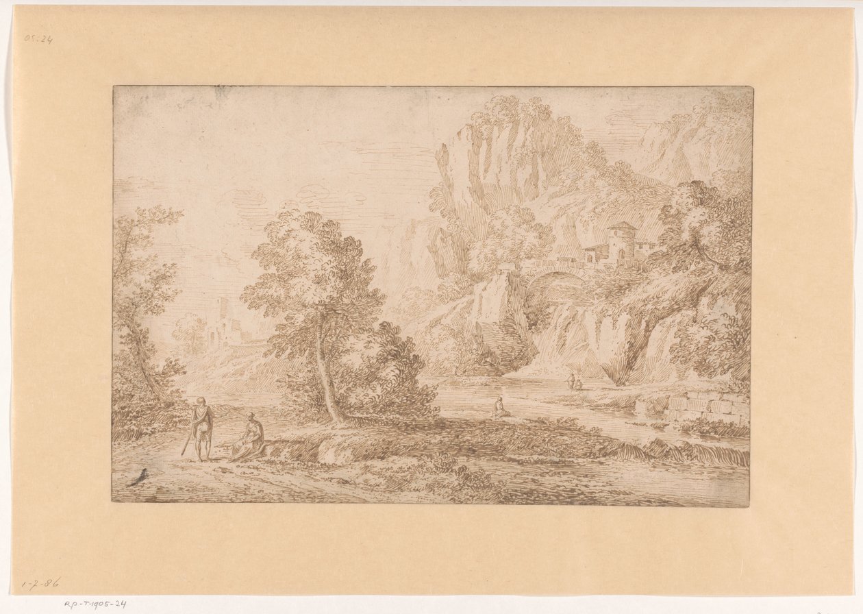 Gebirgslandschaft mit einer Brücke über einen Wasserfall von Johannes Glauber