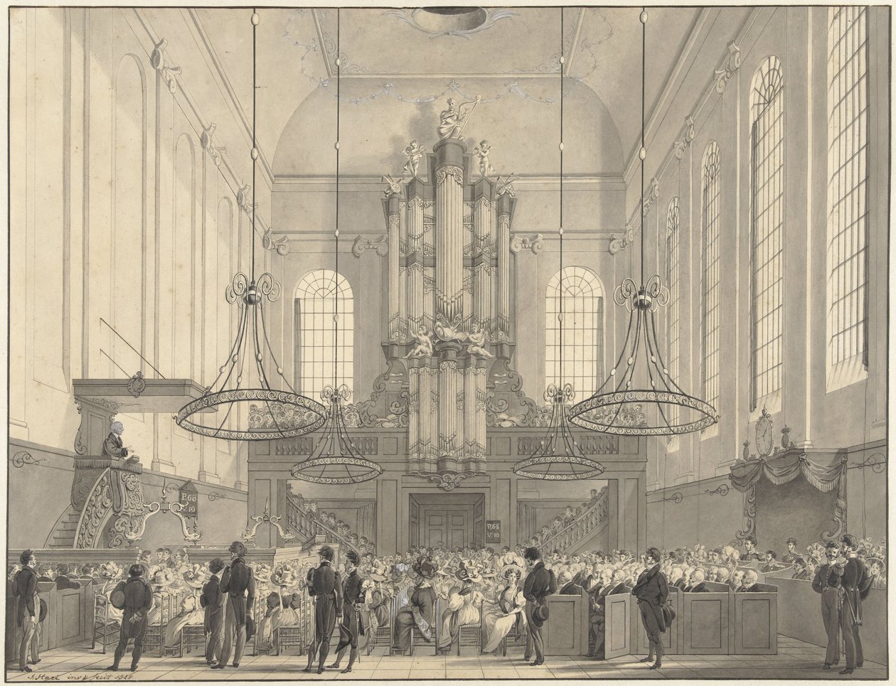 Prof. van der Palm predigt in der Lutherischen Kirche in Den Haag vor der königlichen Familie, 1828 von Johannes Hari (I)