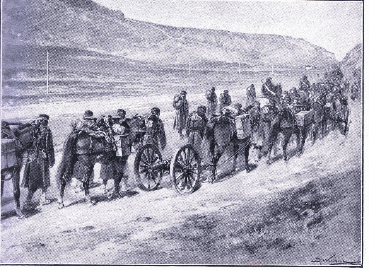 Eine Batterie Feldgeschütze auf dem Weg nach Ichon, Illustration aus Cassells Geschichte des Russisch-Japanischen Krieges Band 1, ca. 1900 von Johannes Hermann Barend Koekkoek