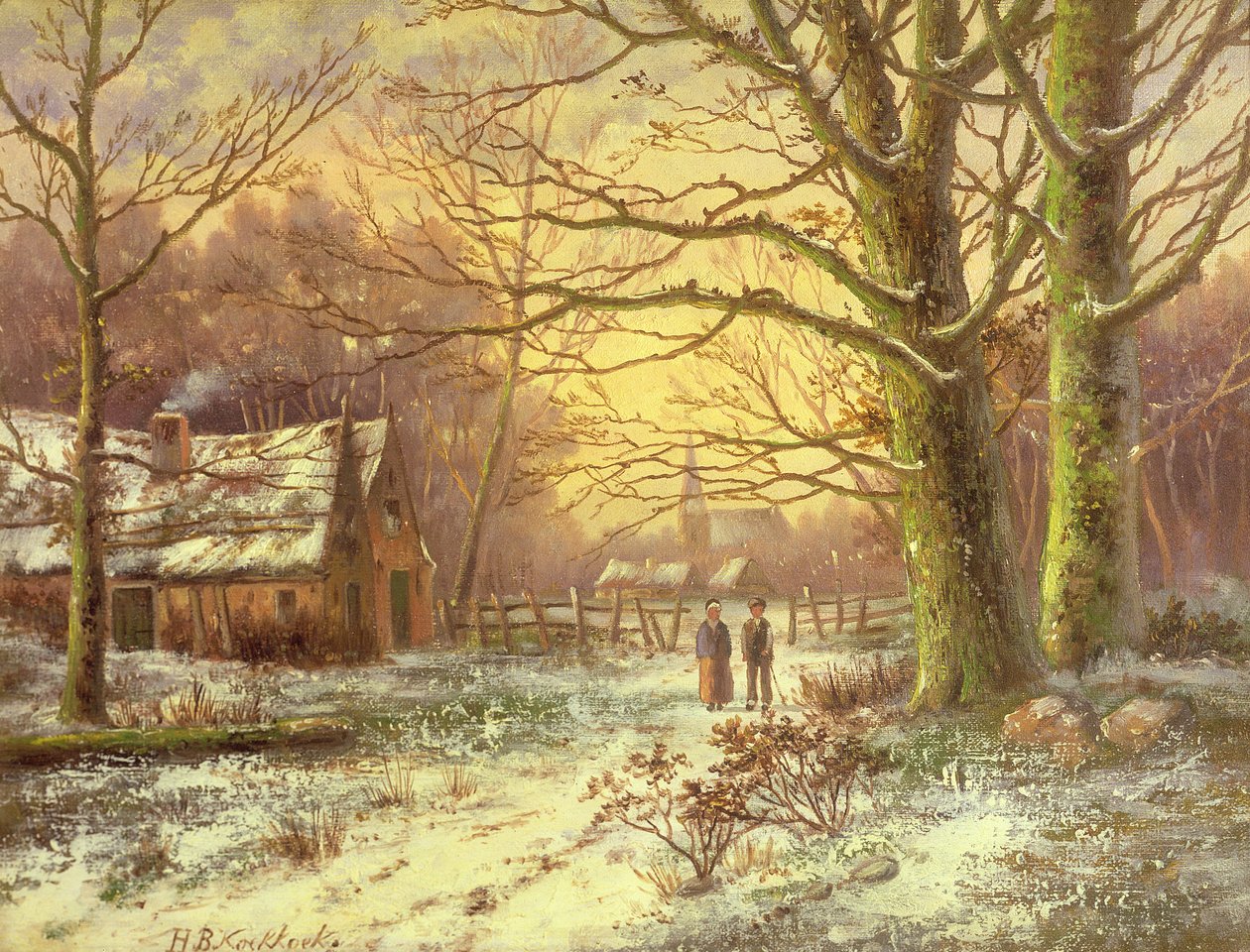 Figuren auf einem Weg vor einem Dorf im Winter von Johannes Hermann Barend Koekkoek
