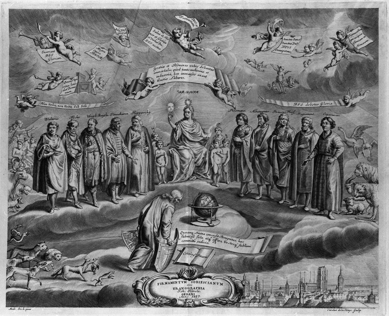 Die berühmten Astronomen. Unter ihnen, von links nach rechts: Walterus (?), Tycho Brahe (Tyge Ottesen Brahe), bekannt als der edle Däne oder der Mann mit der goldenen Nase (1546-1601), Ulugh Beg (Oulough Beg, Oulugbek) (1394-1449), Timocharis von Alexandri von Johannes Hevelius