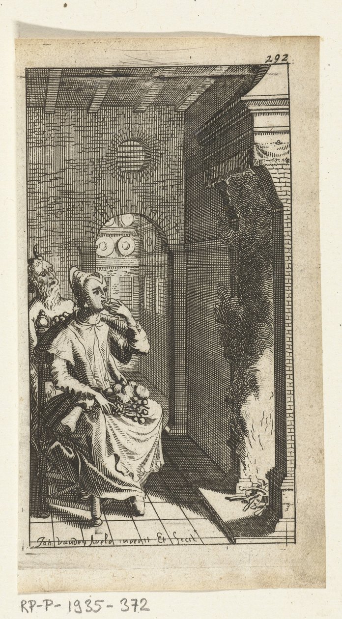 Der leckere Teufel Buchillustration für Simon de Vries, Seven Duyvelen regeerende en serveerende de Hedendaeghsche Dienstmaegden, Amsterdam, 1682 von Johannes Jacobsz van den Aveele