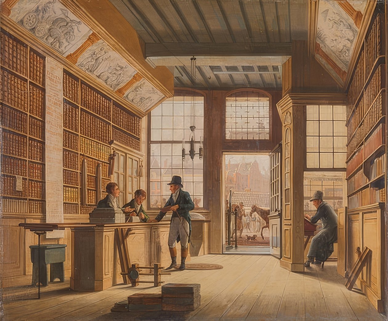 Der Laden des Buchhändlers Pieter Meijer Warnars am Vijgendam in Amsterdam von Johannes Jelgerhuis