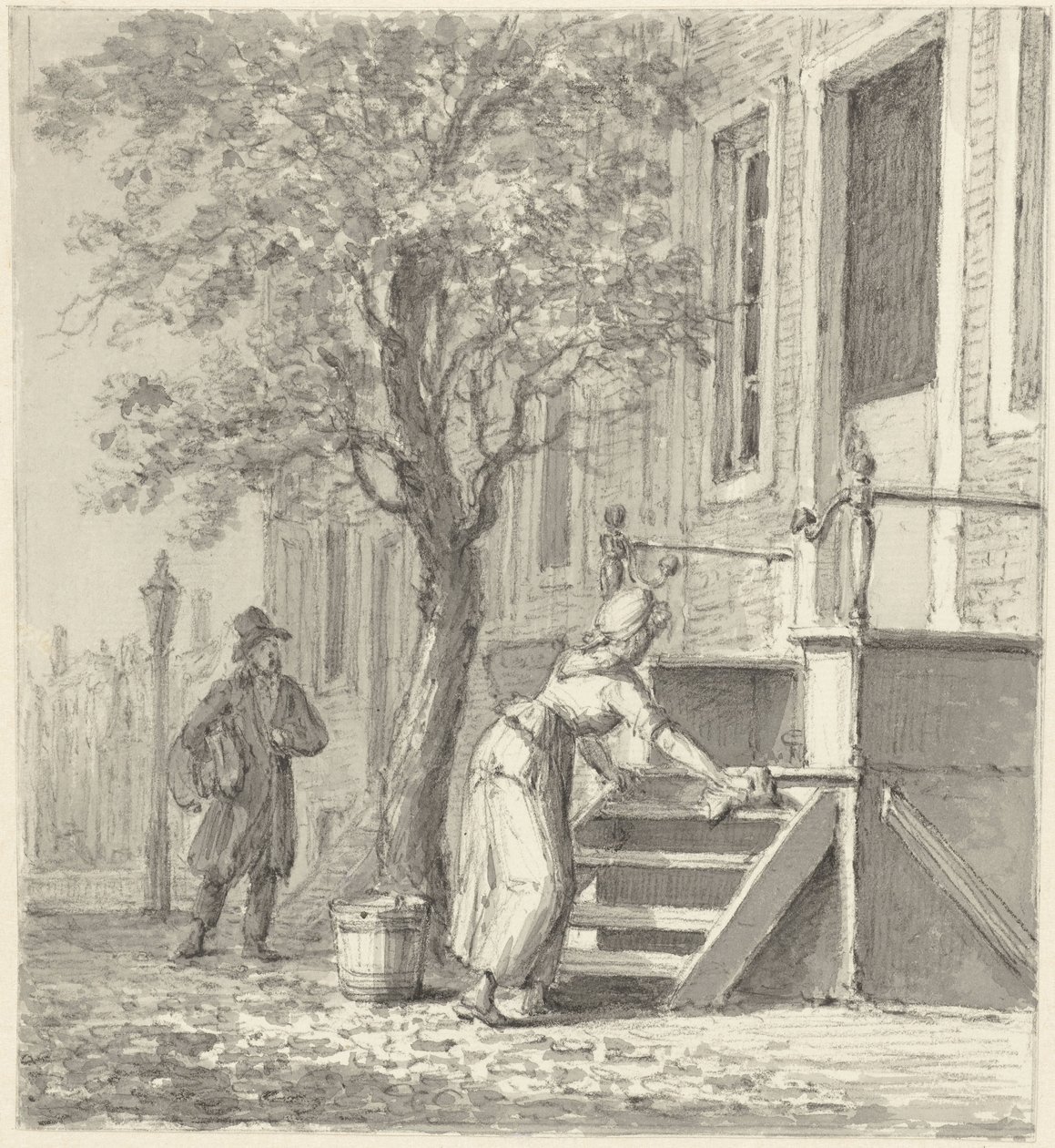 Eine Dienstmagd reinigt eine Treppe vor einem Haus von Johannes Jelgerhuis
