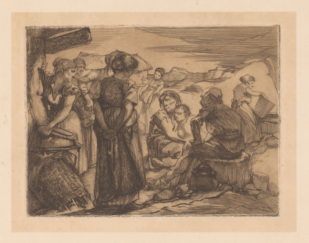 Mann, Frauen und Kind in hügeliger Landschaft von Johannes Josephus Aarts