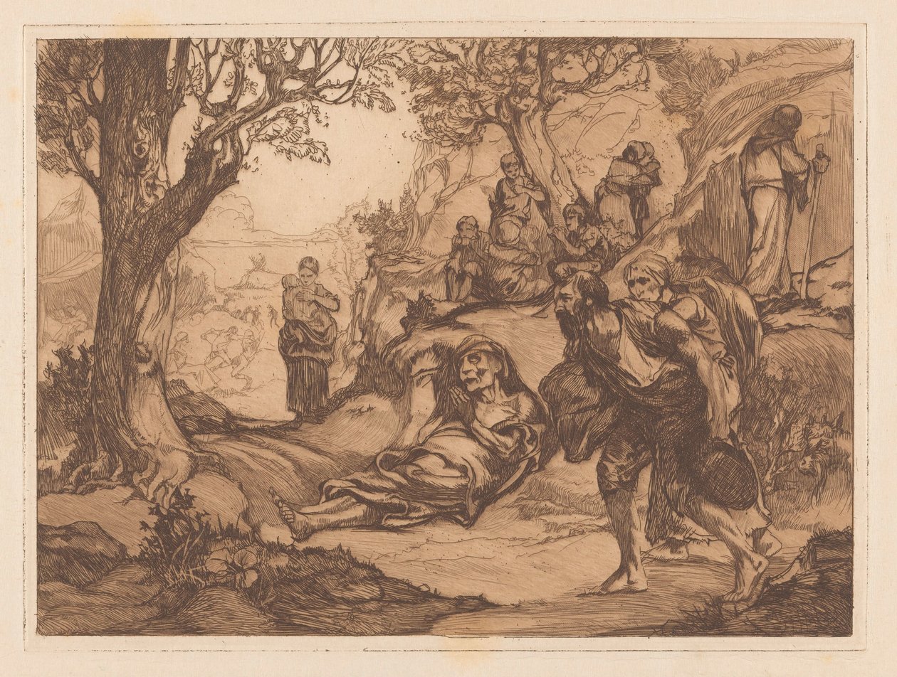 Männer, Frauen und Kinder in hügeliger Landschaft von Johannes Josephus Aarts
