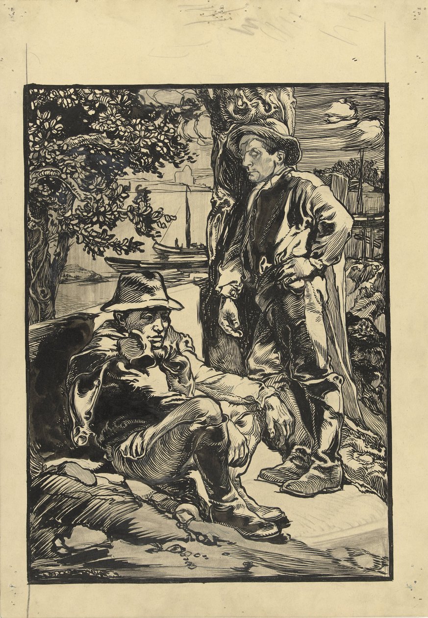 Zwei Deicharbeiter, einer sitzend, der andere an einen Baum gelehnt von Johannes Josephus Aarts