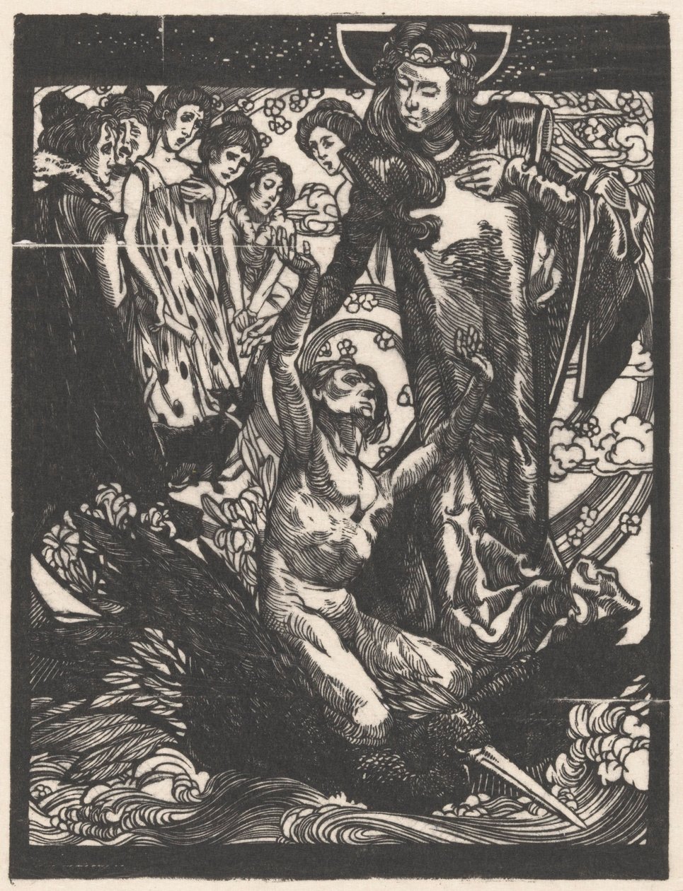 Frauenfiguren mit Mann auf dem Rücken eines Vogels von Johannes Josephus Aarts