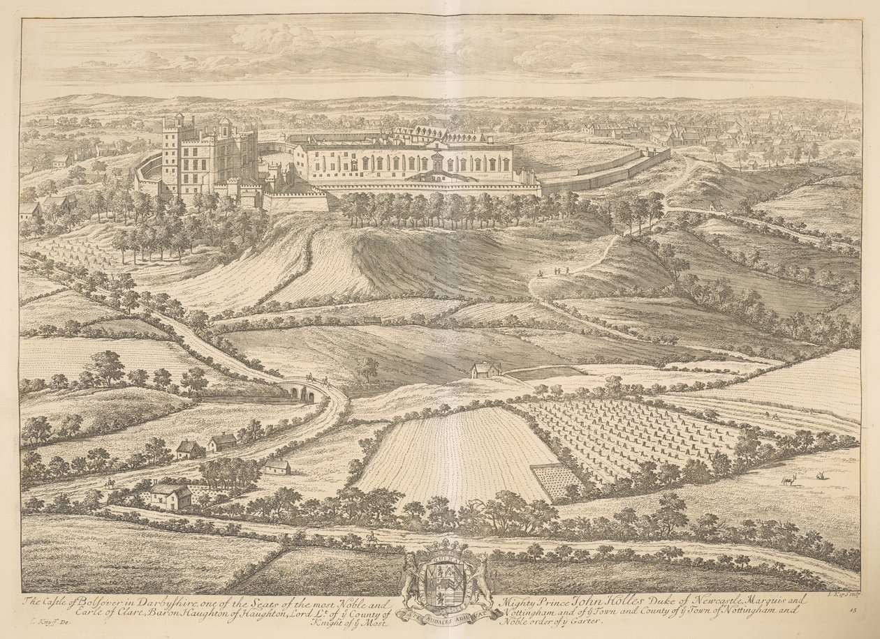 Das Schloss von Bolsover in Derbyshire: einer der Sitze des edelsten und mächtigsten Prinzen John Holles, Herzog von Newcastle, Marquis und Graf von Clare, Baron Haughton, Lord Lt. des Countys Nottingham und der Stadt und des Countys der Stadt Nottingham von Johannes Kip