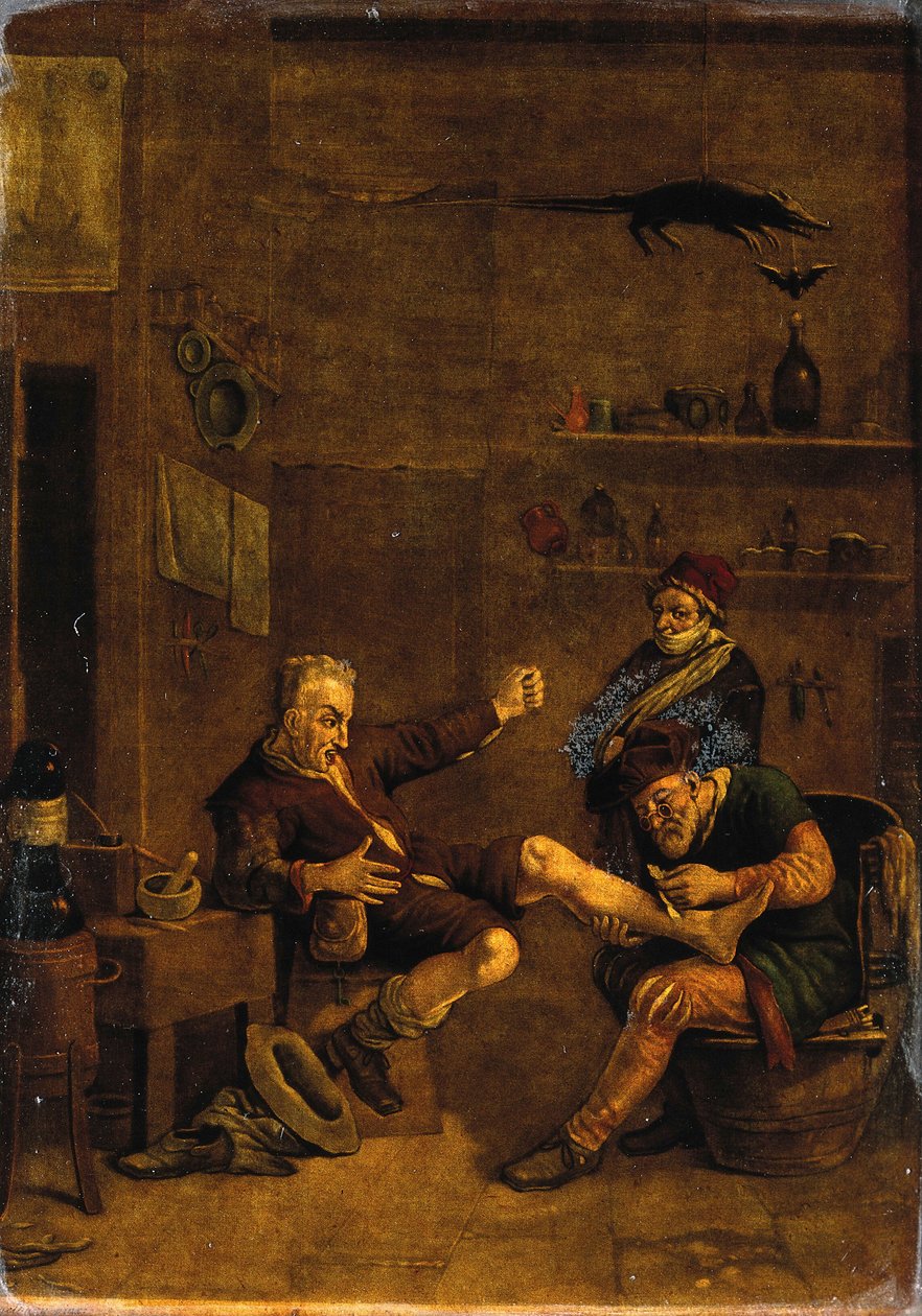 Ein Chirurg behandelt den Fuß eines Mannes. Mezzotinto nach einer Komposition, die Johannes Lingelbach zugeschrieben wird. von Johannes Lingelbach