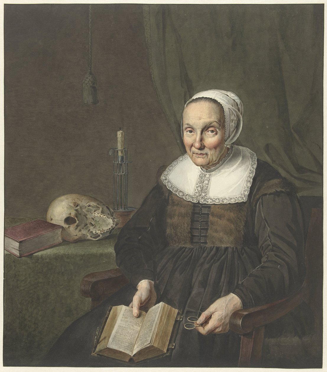 Porträt einer sitzenden alten Frau mit aufgeschlagenem Buch von Johannes Pieter de Frey