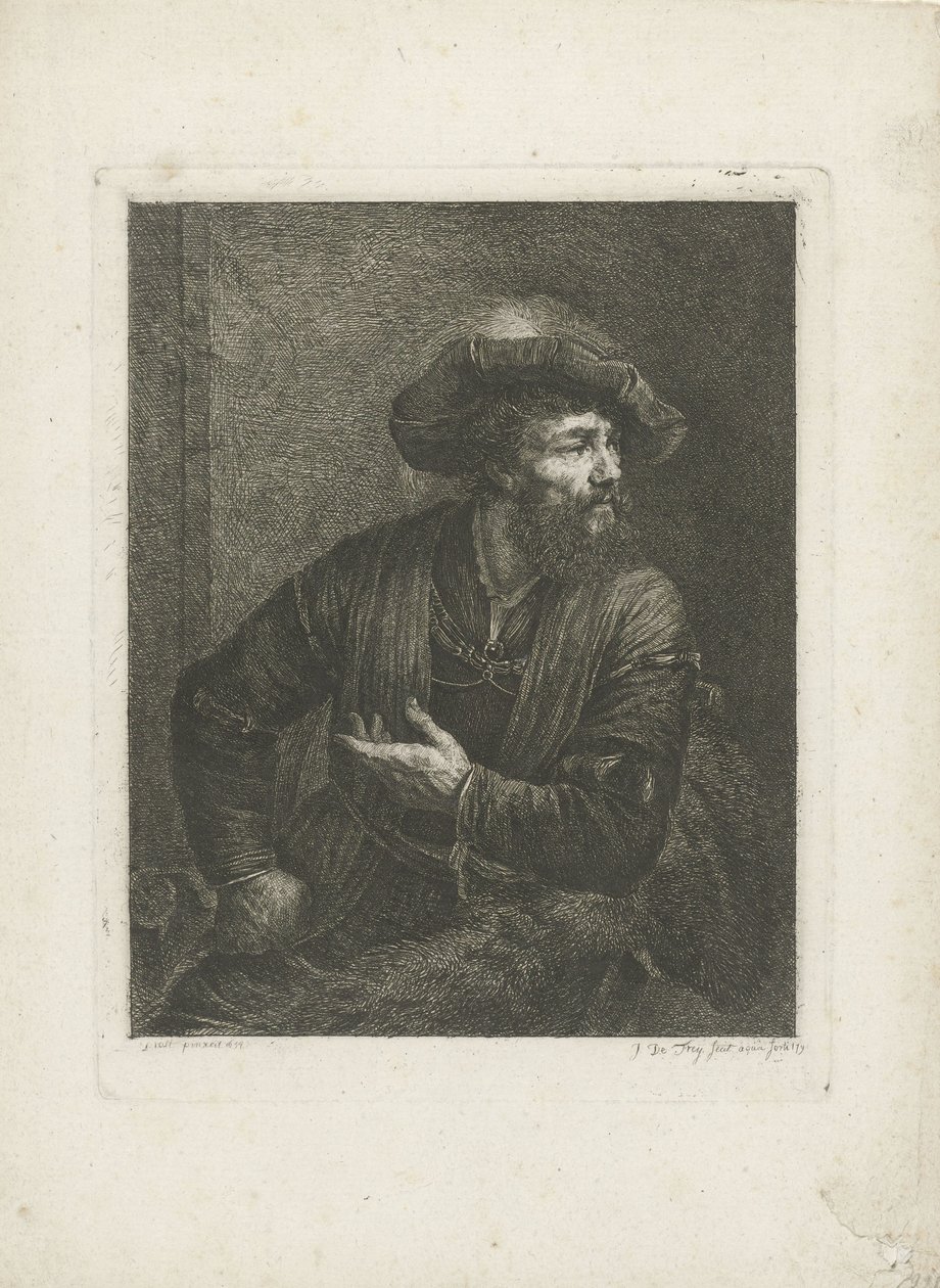Porträt eines unbekannten Mannes mit gefiederter Barett von Johannes Pieter de Frey