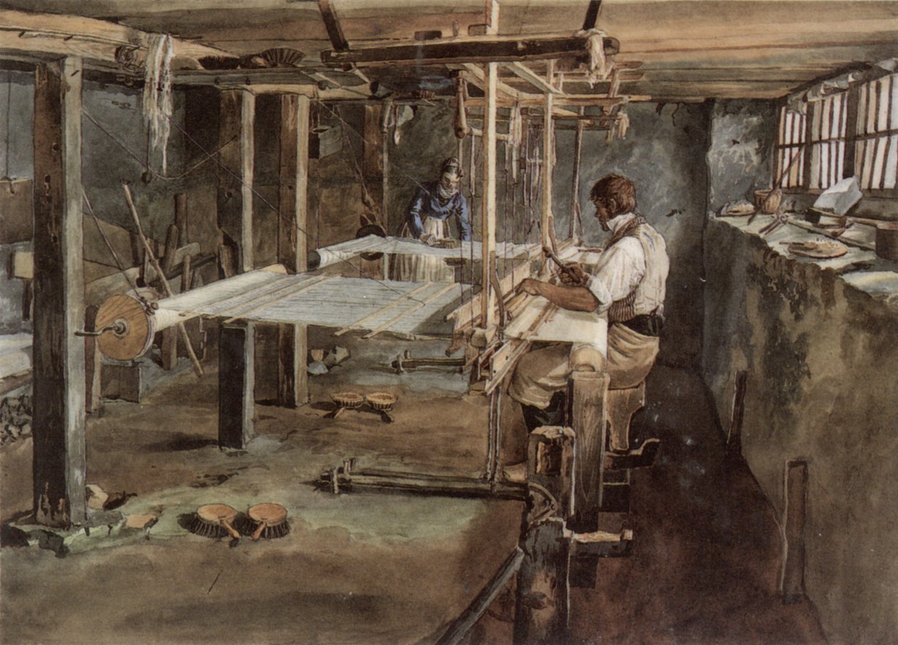 Appenzeller Weberpaar bei der Arbeit am Handwebstuhl, um 1830 von Johannes Schiess