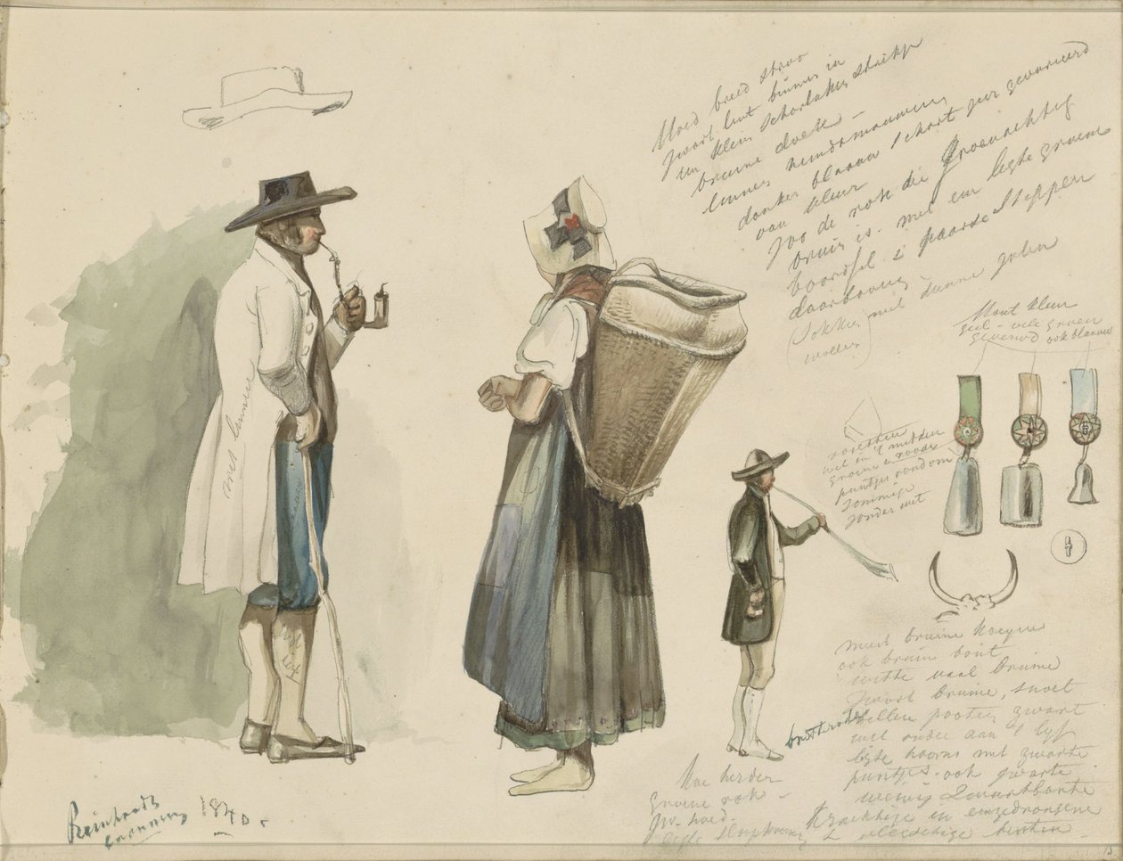 Pfeifenrauchender Mann, Frau mit Korb, Rosetten und ein Jagdhornbläser von Johannes Tavenraat