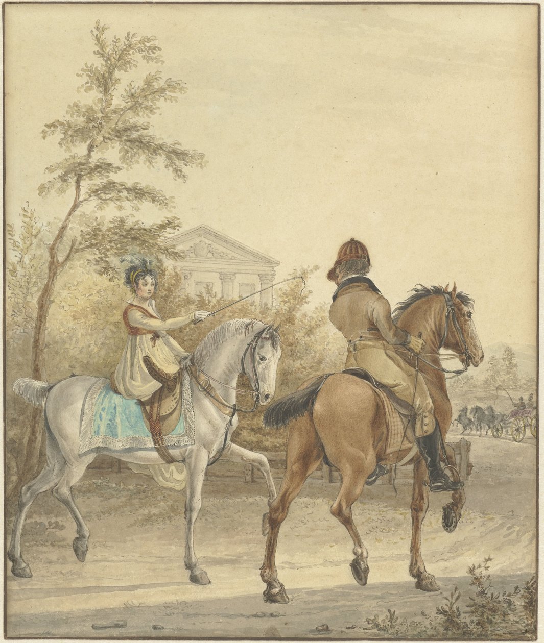 Mann und Frau zu Pferd auf einem Landweg von Johannes Vinkeles